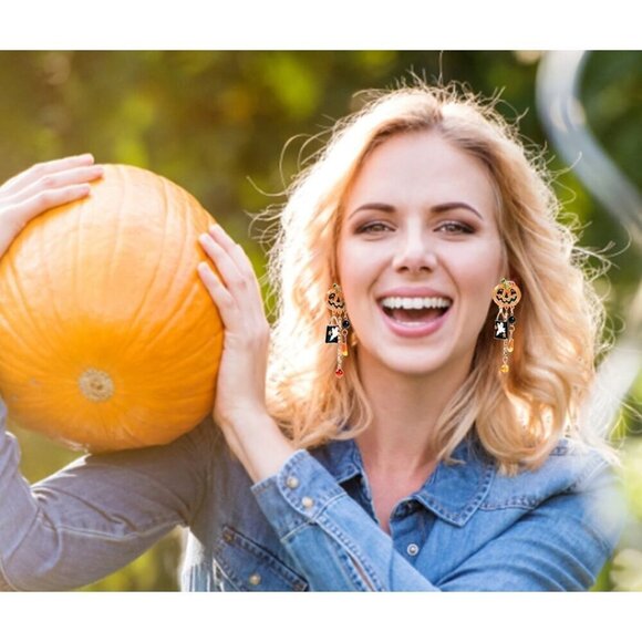 Women Orange Halloween Pumpkin Long Tassels Smiling Face Drop Earrings Jewelry - Picture 3 of 7